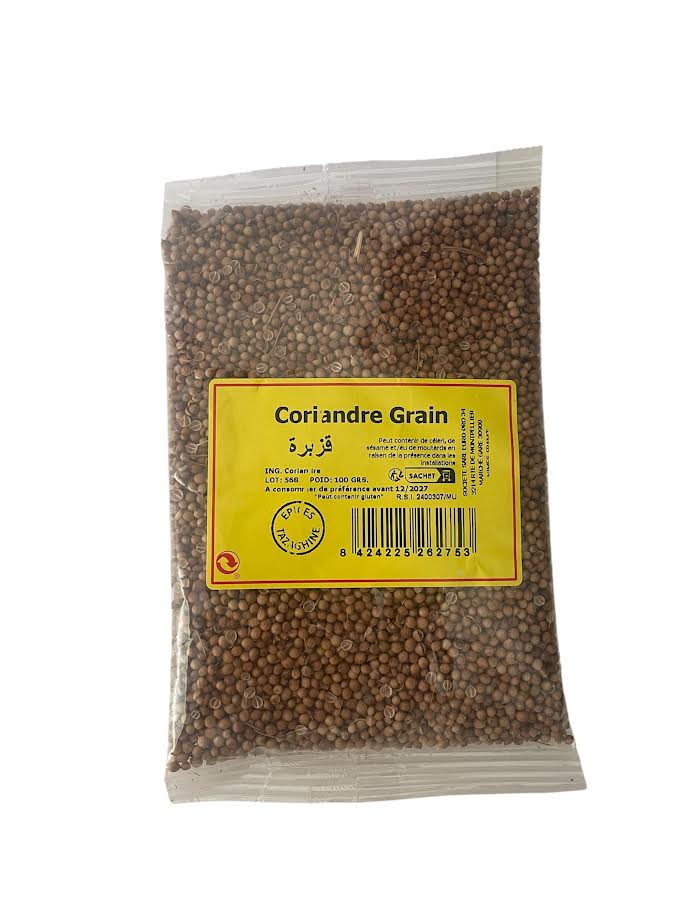 Sachet de 100 g de coriandre en grains, avec étiquette jaune visible, idéal pour ajouter une touche aromatique et citronnée à vos plats.