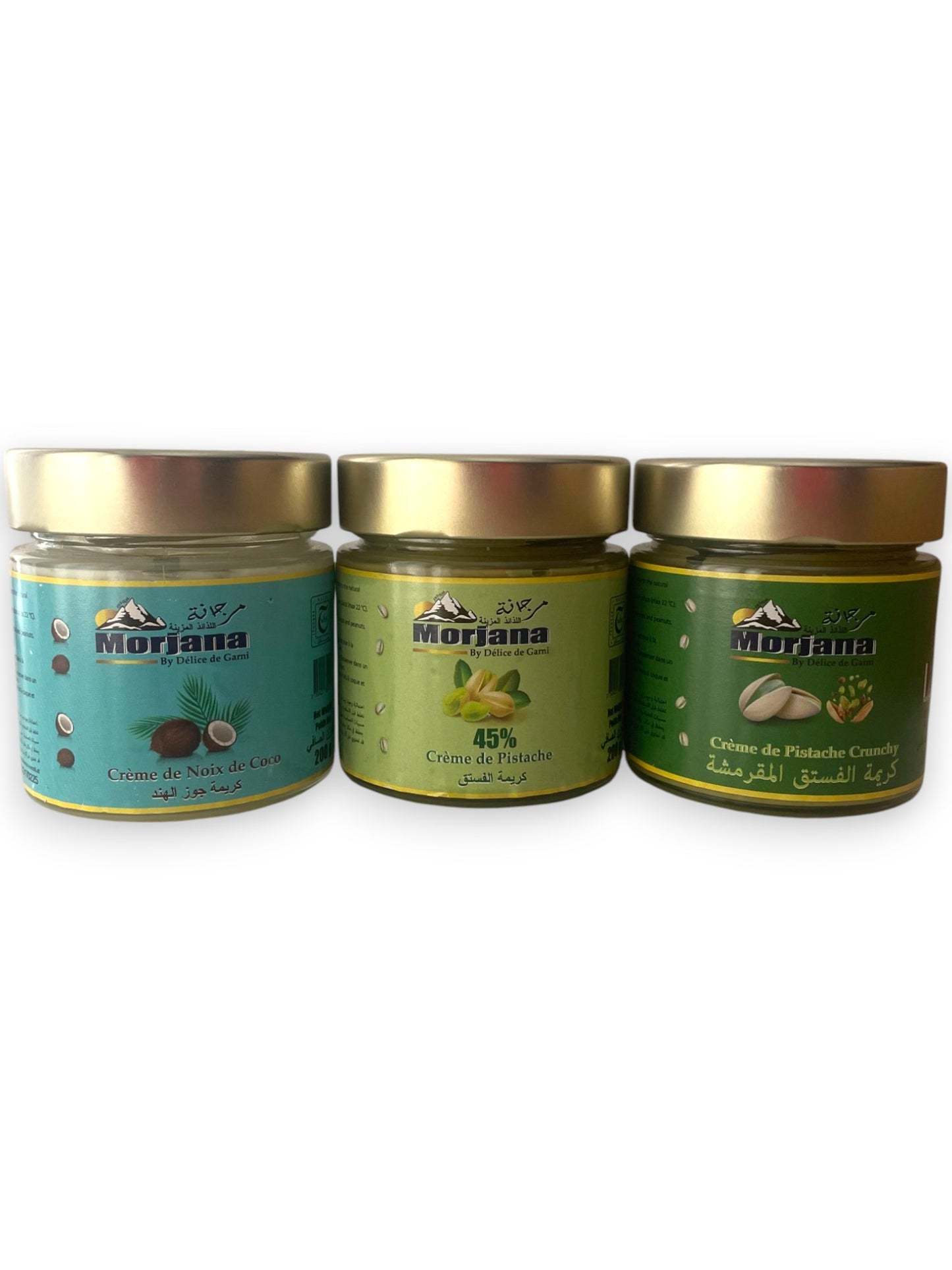 Morjana – Trois saveurs en 200g : Coco, Pistache 45% et Crunchy